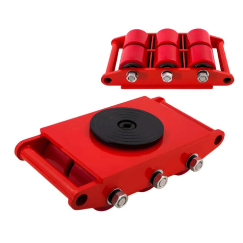 Heavy Duty Electric Load Moving Platform With Remote Control Equipment Transport Dolly Glides Like Butter Under Heavy Machinery Smooth Warehouse Cargo Rolling Adjustable Skates, showing red roller skates.