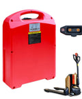 Top Shelf LifePO4 Lithium Battery For Electric Pallet Jack And Warehouse Forklift Trucks 24V 48V, red design, integrated smart BMS.