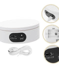 Luxshiny Electric Jewelry Rotating Turntable Display Stand With Smooth Auto-Spin Action For Storefronts And Home Organization sleek white base with power port and controls, USB cable included.