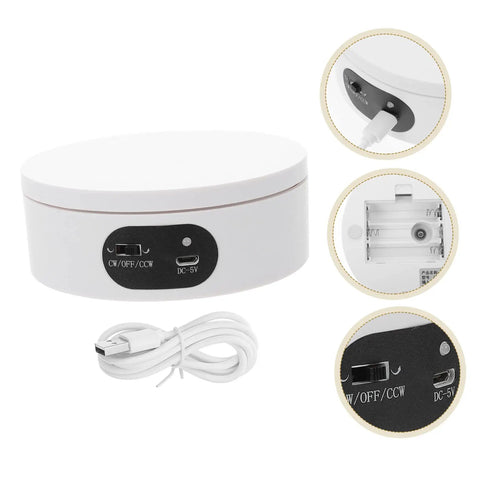 Luxshiny Electric Jewelry Rotating Turntable Display Stand With Smooth Auto-Spin Action For Storefronts And Home Organization sleek white base with power port and controls, USB cable included.