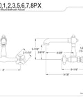 Technical drawing of Wall Mount Bathroom Faucet Oil Rubbed Bronze Solid Brass Construction Double Handle Drip Free Ceramic Disc 8 Inch