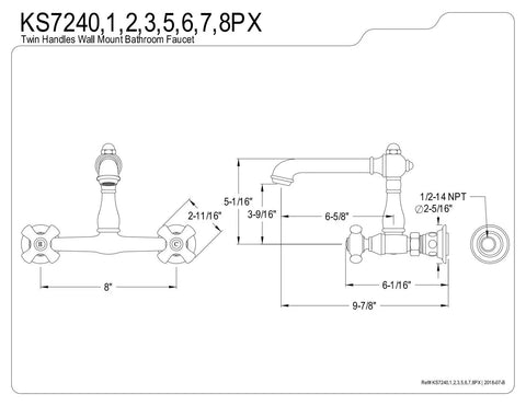 Technical drawing of Wall Mount Bathroom Faucet Oil Rubbed Bronze Solid Brass Construction Double Handle Drip Free Ceramic Disc 8 Inch