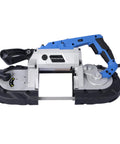 Straight Shooter Portable Band Saw Featuring 1100 Watt Motor And 5 Inch Depth Cut For Boss Level Cuts Variable Speed Compact Unit with a blue handle.