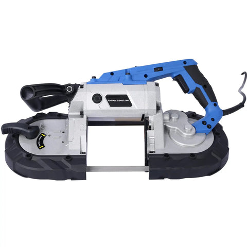 Straight Shooter Portable Band Saw Featuring 1100 Watt Motor And 5 Inch Depth Cut For Boss Level Cuts Variable Speed Compact Unit with a blue handle.