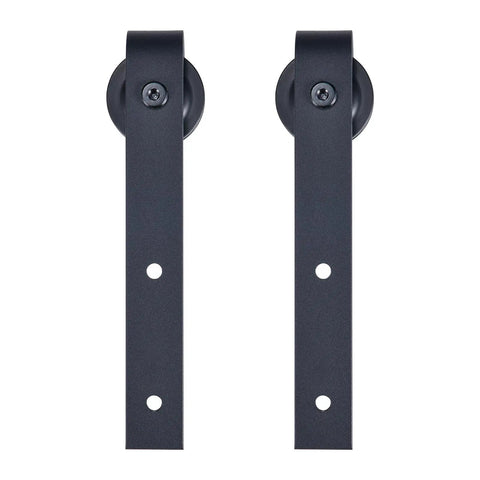 Upgrade Your Digs With This 6.6 Ft Black Sliding Barn Door Hardware Kit showing two steel mounting brackets for smooth operation.