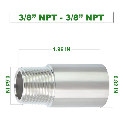 Stainless Steel Nipple Pipe Fittings 3/8 NPT Male X 3/8 NPT Female with dimensions, rust-resistant 304 stainless, 2-pack