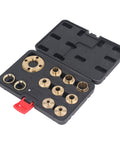 Top Shelf 11 Piece Brass Router Template Guide Bushing Set With 8 Killer Sizes From 10mm To 30mm featuring organized brass bushings in a carry case.