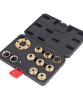 Built Like A Tank Brass Router Bushing Guide Set With 11 Sturdy Pieces And Locking Nut Adapter For Template Routing, contains brass bushings in a case.