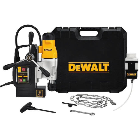 Heavy Duty Magnetic Drill Press With Dual Speed Gears And Rapid Change Chuck System Powered By A Rugged Ten Amp Motor in a case.