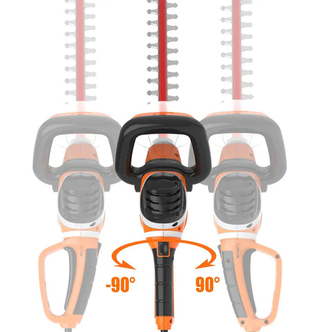 Electric Hedge Trimmer With Corded Power, 4.8 Amp, 24 Inch Dual Action Laser Blade showing adjustable handle angles for cutting