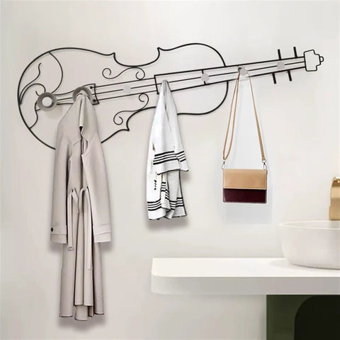 Modern Wall Mount Coat Hooks Dang Handy Entryway Storage Rack Easily Hangs Coats Jackets And Keys With Heavy Duty Steel Frame Built For Everyday Grind At Home, artistic violin design with coats and bag.