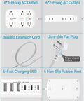 Power Strip With USB and 2100J Surge Protector Five Foot Flat Plug Extension Cord 12 Outlets and 6 USB Ports Including 3 USB C Fast Charging Station 3 Side Outlet Extender Wall Mountable for Tablets Laptops and More showing AC outlets, braided extension cord, flat plug, and USB ports.
