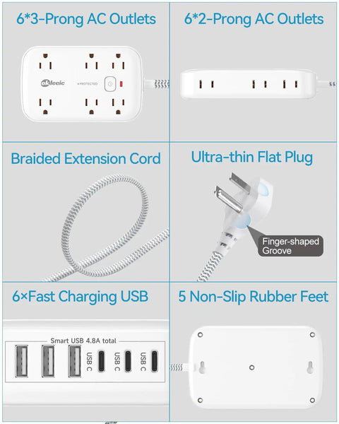 Power Strip With USB and 2100J Surge Protector Five Foot Flat Plug Extension Cord 12 Outlets and 6 USB Ports Including 3 USB C Fast Charging Station 3 Side Outlet Extender Wall Mountable for Tablets Laptops and More showing AC outlets, braided extension cord, flat plug, and USB ports.