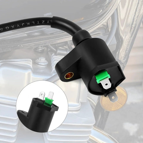Race Ready Ignition Coil With Two Spark Plug Wires Replacement Kit for 50cc-150cc engines close-up view