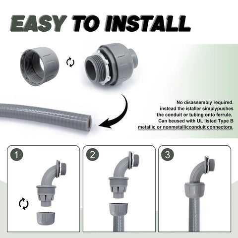 Installation process of 3/4 Inch Liquid Tight PVC Conduit Fittings 30 Pack, 90 Degree Non-Metallic Flexible Connectors