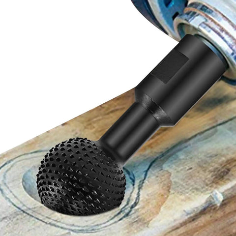 Top Tier Sphere Rotary Burr Angle Grinder Attachment 10mm Plus 14mm Ball Gouge wood carving tool shaping wood surface.