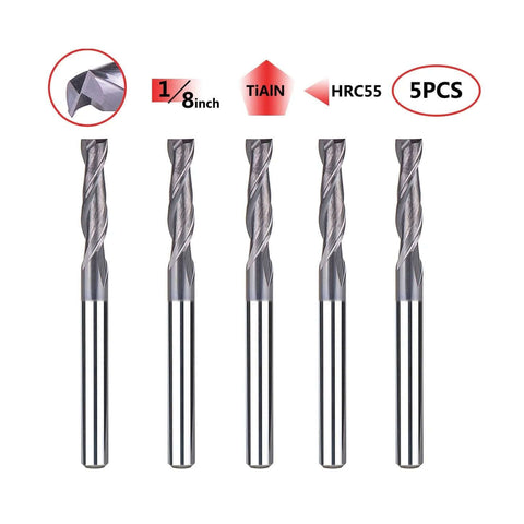 SpeTool 5-piece set of 1/8 in TiAlN-coated 2-flute square-nose carbide end mills with 1/8 in shanks