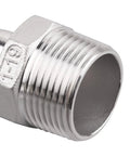 Close-up of 304 Stainless Steel Three Quarters Inch Hose Barb To One Inch NPT Male Pipe Fittings Set Of 2 For Home Brew