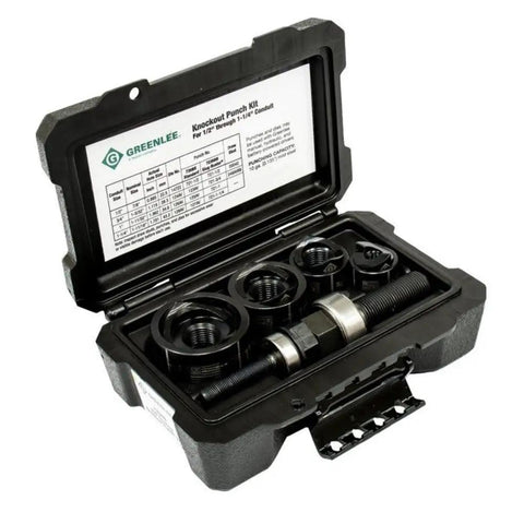 Round Knockout Punch Kit One Half To One And One Quarter Inch 735BB Slug Buster in case with knurled grip and draw studs