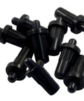 Eight Piece Pack Of Black Telescopic Cabinet Door Repair Pins Adjustable To Match Any Thickness And Locks Down Sagging Doors And Wobbly Shelves For A Solid No Wiggle Fit That Will Get It Done Right, close-up of black repair pins.