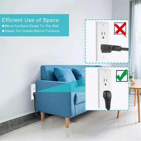90 Degree Right Angle 1ft Power Cord NEMA 5-15P To IEC C13 Flat Plug 16AWG Angled AC Cable used behind sofa