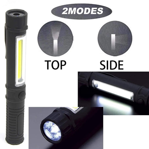LED Work Light With Magnetic Tail Base And Clip, Multi Function Pocket Pen Light, showing top and side light modes