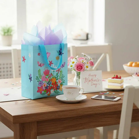 Blue Mother's Day Gift Bag With Tissue Paper Floral Non-Woven Design 10x8x4.7 Inches On Decorated Table