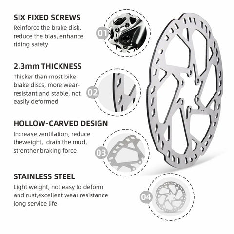 Beefed-Up Bike Disc Brake Rotor 160mm, 180mm, 203mm With 6 Bolts, 2.3mm Thick Stainless Steel For Mountain Bikes, Fat Tire Bikes, And Heavy-Duty E-Bikes DP12 Compatible (180mm); features include six fixed screws, 2.3mm thickness, hollow-carved design, and stainless steel material.
