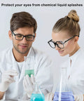 Two lab workers wearing slip on side shields for prescription glasses, examining liquids, showcasing no slip eye protection shields.