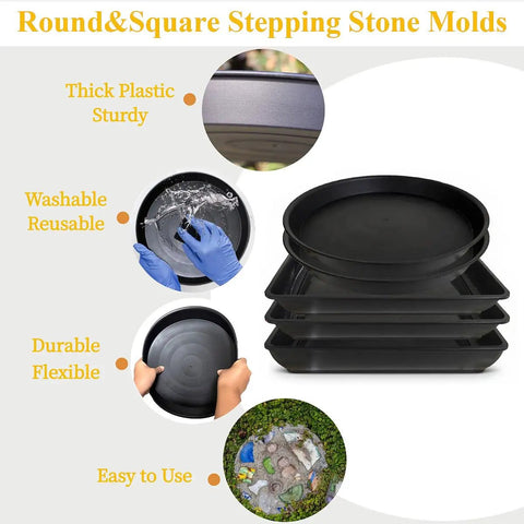 Stack of four size round stepping stone molds for concrete and cement garden walkways, showcasing durability and ease of use features.