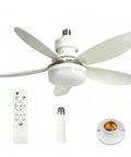 52cm ceiling fan with light, E27 bulb socket (comes with extension rod and) remote and ceiling mount components visible.