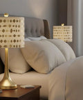 Bedroom with Transitional Drum Lamp Shade With Spider Construction Beige Faux Linen Fabric And Gold Print 12 Inch Wide Brass Fitter