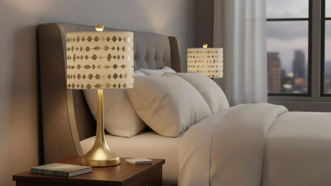 Bedroom with Transitional Drum Lamp Shade With Spider Construction Beige Faux Linen Fabric And Gold Print 12 Inch Wide Brass Fitter