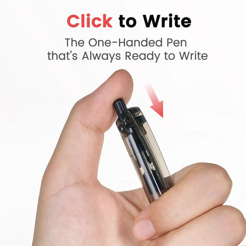 Hand pressing retractable button on Value Pack Ballpoint Pens 200 Count With Smooth Writing And Soft Grip Retractable 1.0mm Medium Point