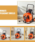Heavy Duty Auto Feed Drain Auger Snake Machine Packs Four Swappable Cutters For Slashing Through Gnarly Pipe Clogs In Sewers Toilets Sinks And Floor Drains Fast in orange and black.