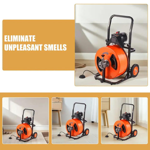 Heavy Duty Auto Feed Drain Auger Snake Machine Packs Four Swappable Cutters For Slashing Through Gnarly Pipe Clogs In Sewers Toilets Sinks And Floor Drains Fast in orange and black.
