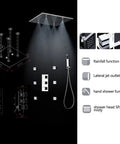 Heavy Duty 20X40 Inch Shower Panel System With Solid Three Knob Thermostatic Mixer And Four Mode Settings showing rainfall and hand shower functions.