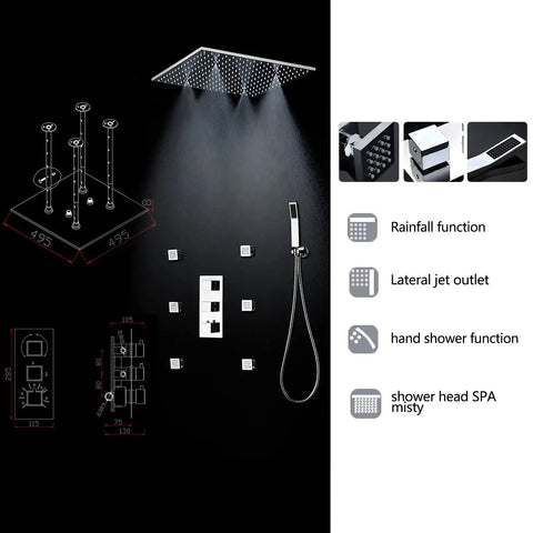 Heavy Duty 20X40 Inch Shower Panel System With Solid Three Knob Thermostatic Mixer And Four Mode Settings showing rainfall and hand shower functions.