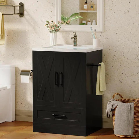 24 Inch Bathroom Vanity With Sink In Pure Black featuring large cabinet and drawers for storage, modern design for bathroom use.