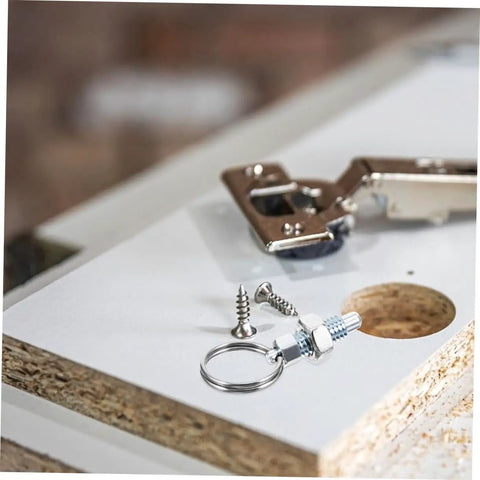 Premium Stainless Steel Spring Plungers 4 Pack Pull Type Indexing Pins, screws and hardware on a cabinet door.