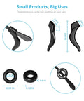 12 Pairs Anti Slip Eyeglasses Ear Grips Retainer, Premium Silicone Ear Hooks That Keep Glasses From Slipping Down Your Nose, Simple, Effective Helper For Kids And Adults During Sports, Study And Work. Image shows black silicone ear hook and round styles with dimensions.