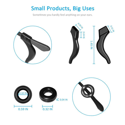 12 Pairs Anti Slip Eyeglasses Ear Grips Retainer, Premium Silicone Ear Hooks That Keep Glasses From Slipping Down Your Nose, Simple, Effective Helper For Kids And Adults During Sports, Study And Work. Image shows black silicone ear hook and round styles with dimensions.