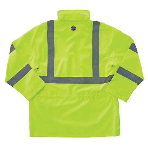 Back view of GloWear 8365 Rain Jacket High Visibility Reflective ANSI Compliant Lime Outerwear For Work On The Job Breathable 300D Shell