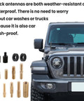 Truck with Short Car Antenna 4.7 Inch Carbon Fiber With American Flag Aluminum Design For AM FM Radio Reception Universal Replacement Antenna With 9 Adapters 2 Screws And 2 Rubber Rings shown beside various metal adapters