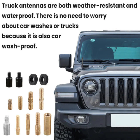 Truck with Short Car Antenna 4.7 Inch Carbon Fiber With American Flag Aluminum Design For AM FM Radio Reception Universal Replacement Antenna With 9 Adapters 2 Screws And 2 Rubber Rings shown beside various metal adapters
