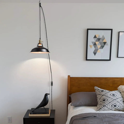 Industrial Plug In Pendant Light With Switch Black Barn Style Ceiling Lamp for bedroom decor, adds modern rustic vibe, easy plug in setup.