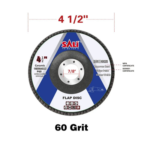 Front view of 20 Pack Ceramic Flap Discs 60 Grit 4.5 Inch Diameter 0.875 Inch Arbor Bevel Type 29 For Angle Grinders