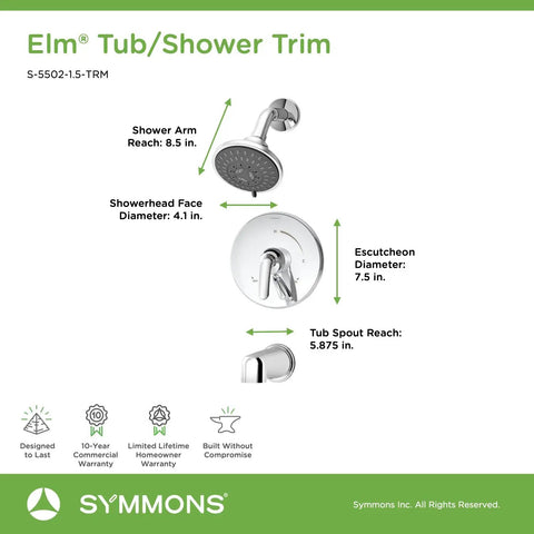 Elm 5-Spray Tub And Shower Faucet Trim With Single Handle Chrome Finish, 1.5 GPM, Valve Not Included displayed with dimensions