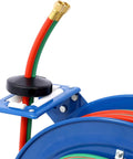 Retractable Welding Hose Reel With One Quarter Inch By One Hundred Feet Twin Oxygen Acetylene Hoses, 200 PSI, close-up view