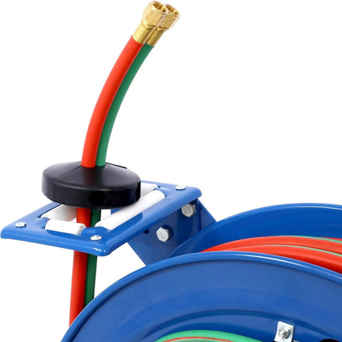 Retractable Welding Hose Reel With One Quarter Inch By One Hundred Feet Twin Oxygen Acetylene Hoses, 200 PSI, close-up view